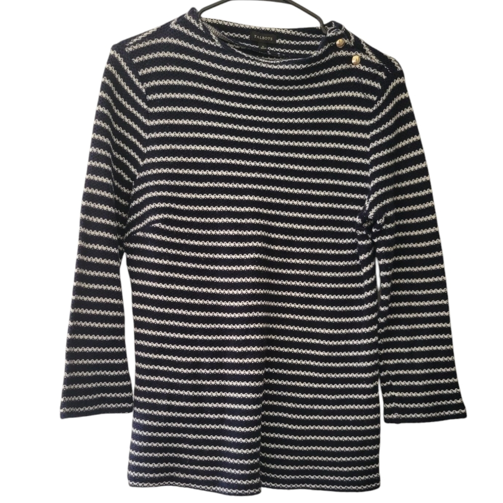 Talbots 100% Cotton Nautical Blue And White Striped Long Sleeve Blouse M